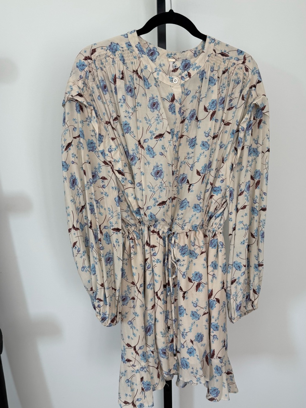 Free People Cream Floral Long-Sleeve Tie-Waist Dress with Blue Blooms Buttondown